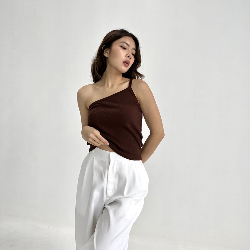 RYU TOP - POSHA Ribbed Knit Assymetric Tank Tanktop Summer Kotak Atasan Semi Long Crop Top Stretch Rib Ribbed Knit