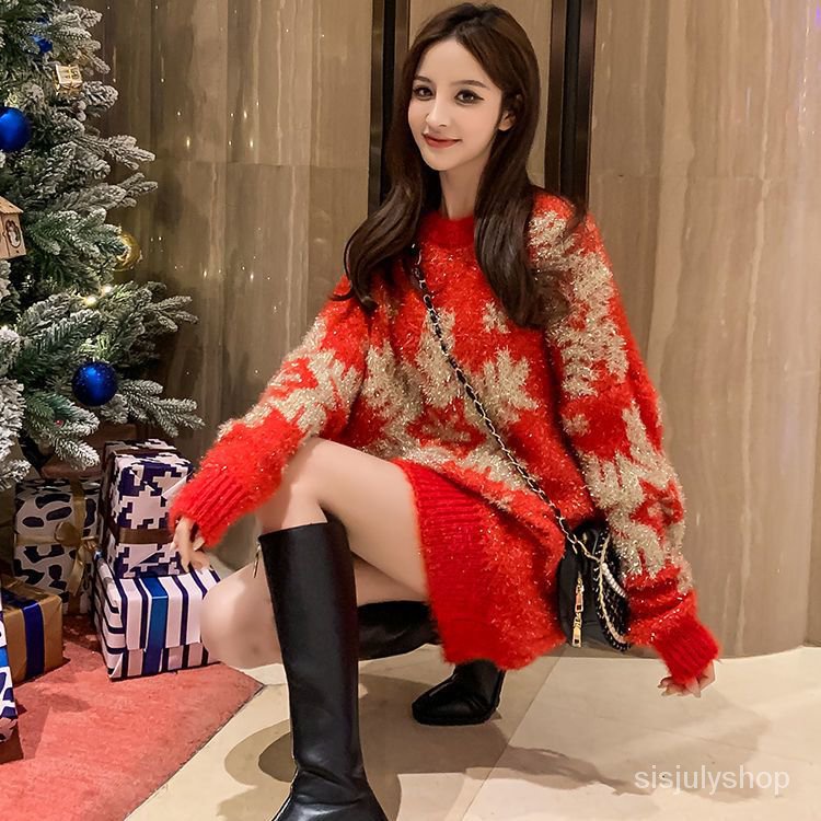 Musim gugur dan musim dingin jumper Natal merah wanita pertengahan panjang malas longgar menebal lem