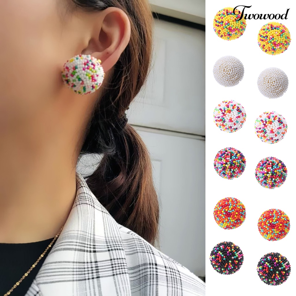 1 Pasang Anting Manik-Manik Bulat Mini Handmade Warna-Warni Gaya Vintage Bohemian Untuk Pesta