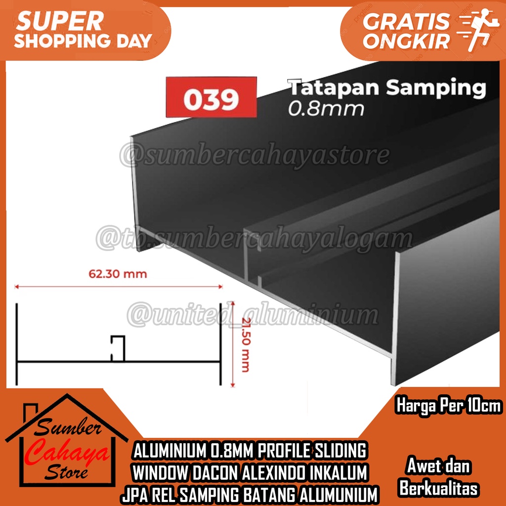 Aluminium Tatapan Rel Samping Profile 039 Sliding Window PER 10 CM RIL RAIL JENDELA BATANGAN LONJORA