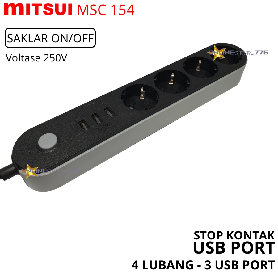 STOP KONTAK MITSUI 4 LUBANG + 3 USB PORT / MITSUI MSC 154 SNI