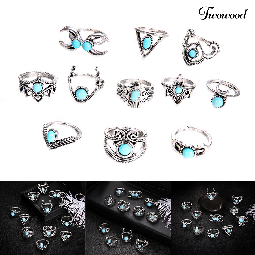 11pcs / Set Cincin Knuckle Turquoise Palsu Gaya Vintage Bohemia Untuk Wanita