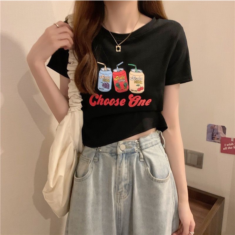 [littlecrab] Crop Top Fruit Soda Drink Choose One Hitam Putih Abu Sablon Colorful Berkualitas Simple Elegan Atasan Kaos Crop Unik Aesthetic Motif Minuman Kaleng Buah Grape Pineapple Cherry Korean Style