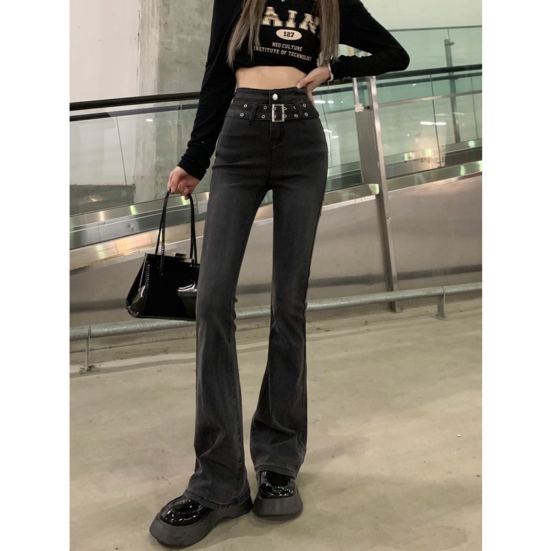 Suhao Retro Gaya Hong Kong Jeans Pinggang Tinggi Berkobar Celana Slim Fit Hitam Celana Musim Gugur Lurus Mengepel Celana Wanita