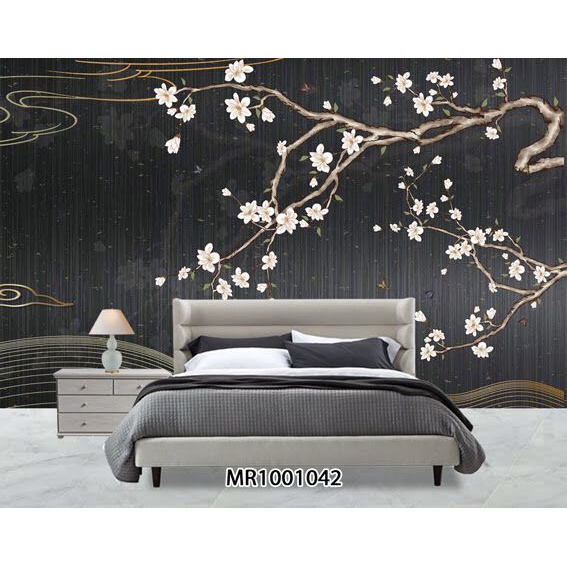 PHOTOWALL MURAL WALLPAPER DINDING 3D BUNGA SAKURA HITAM ELEGANT MEWAH CUSTOM