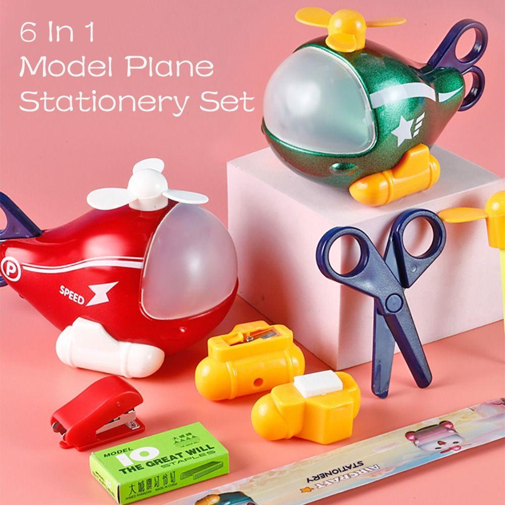 Preva Stationery Set Mainan Alat Belajar Untuk Anak Stapler Penggaris Eraser Patung Pesawat