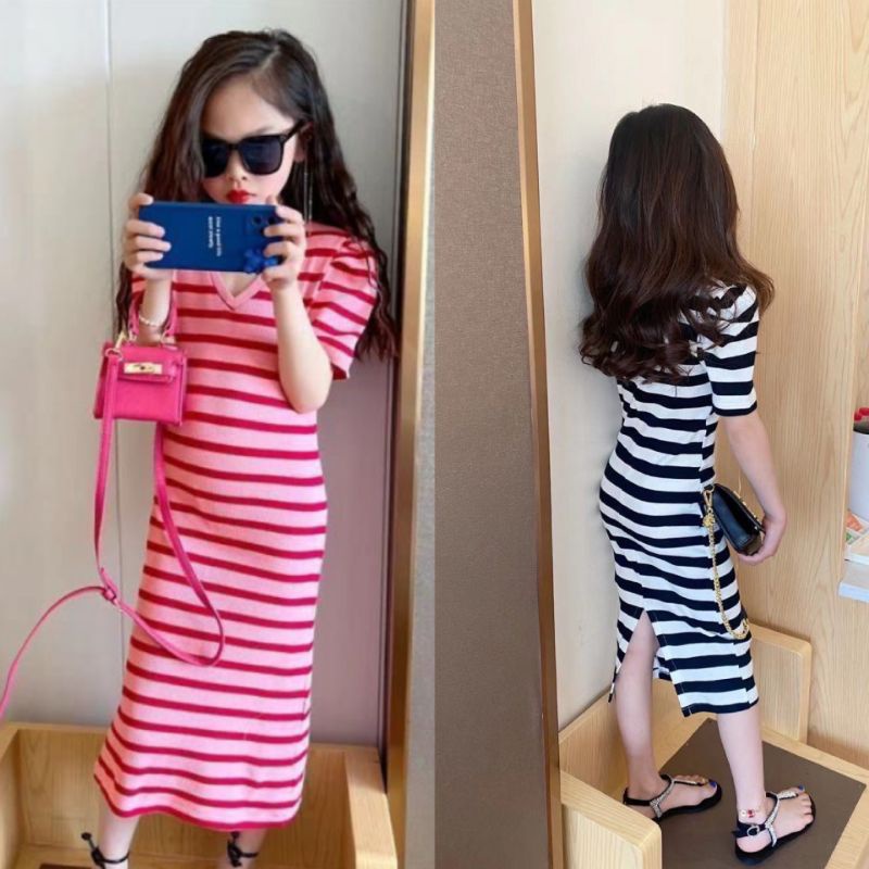 CQ6-217 Midi dress anak perempuan v neck lengan pendek balon  motif garis / baju anak cewek / baju a
