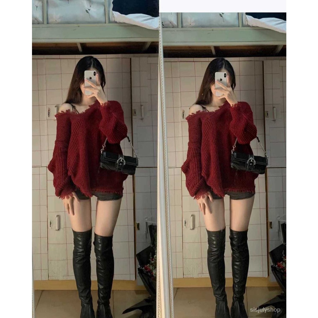 #Sisjuly# Sweater Merah Natal Wanita Atasan Tunik V-Neck Pullover Longgar