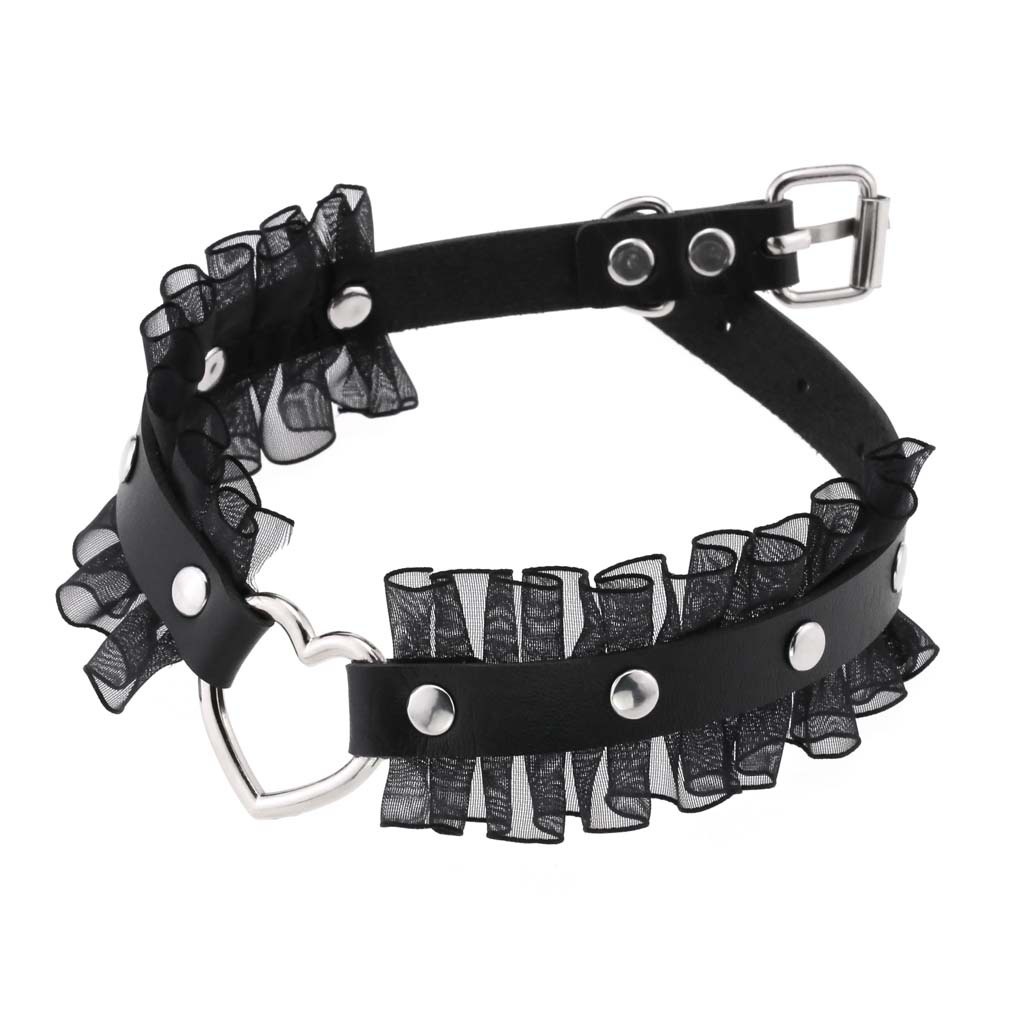 Kalung Choker Rantai Klavikula Bahan Kulit PU Aksen Renda Liontin Hati Gaya Harajuku Punk Goth Untuk Wanita