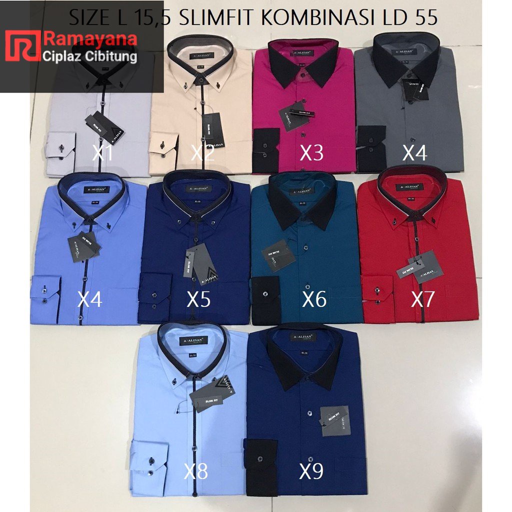 Kemeja Alisan Slimfit Kerah & Lengan Kombinasi Panjang 14 - 16