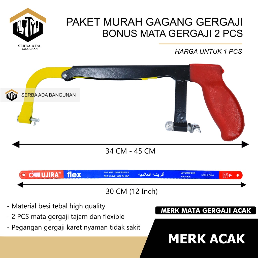 GAGANG GERGAJI BESI / HACKSAW FRAME BONUS 2 MATA /POTONG GAGANG KARET