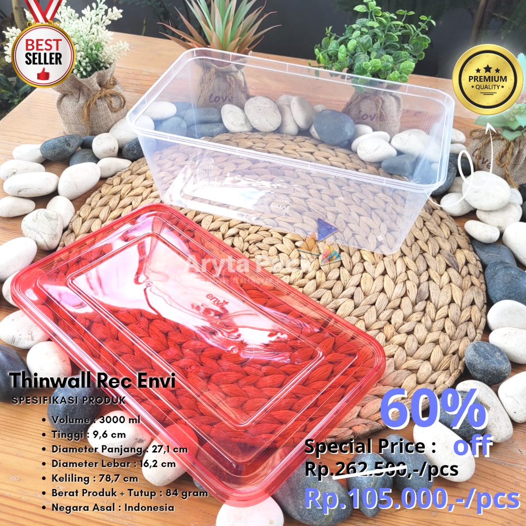 Thinwall kotak makan envi anti pecah REC 3000ml 3liter tutup warna-warni - per ball 25pcs FLASH