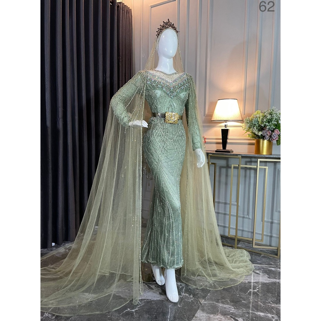 Kebaya pengantin wanita modern slim Sage slayer veil