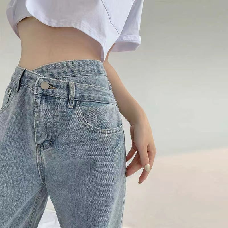 Suhao Hyuna gaya yang sama celana jeans lurus wanita musim semi dan musim panas pinggang tinggi menggantungkan rasa desain longgar lintas pinggang mengepel celana trendi