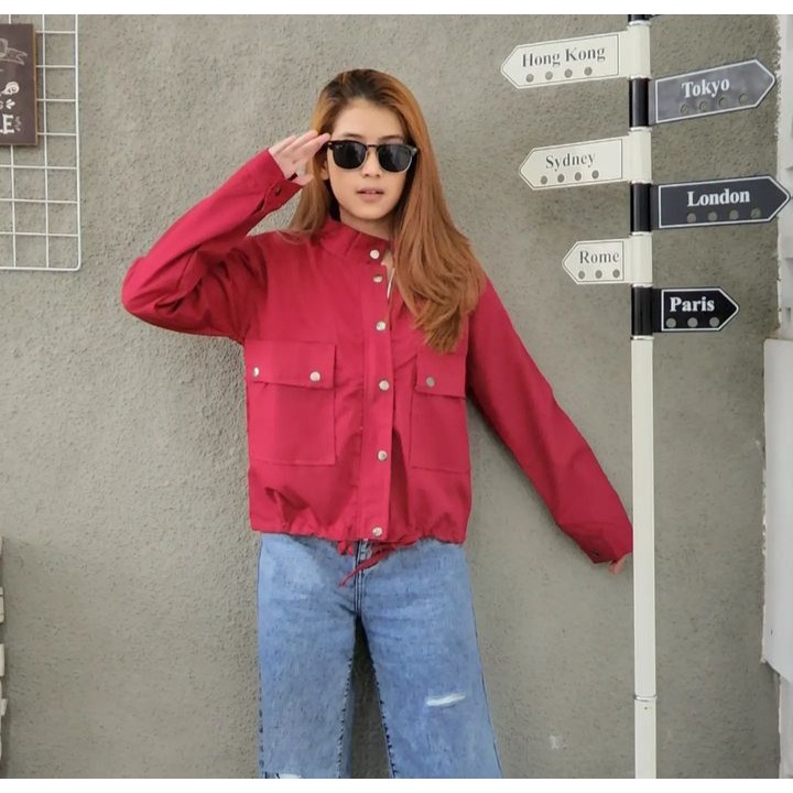 Sweater Jacket MAROON POCKIE Pakaian Outer Wanita Oversize Bahan Baby Kanvas Fashion Terkini Kasual OOTD Terbaru