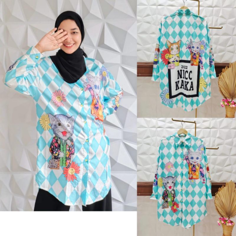 KEMEJA  MOTIF KUCING // ATASAN IMPORT PREMIUM BKK // TOP IMPORT PREMIUM BKK // FASHION  MUSLIM IMPORT KOREA