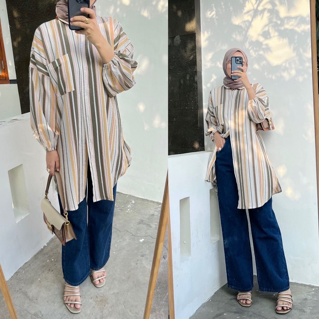Weijia Fashion Baju Tunic Wanita Salur / Lidya Cute Tunik  Stripe / Pakaian Casual  Muslimah Cewek