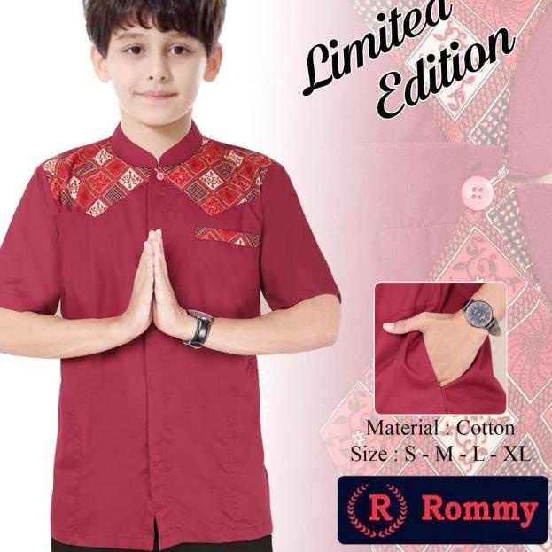Kemeja / Baju Koko Muslim Anak - Biru Dongker Kombinasi Batik - Hitam, 2-3 tahun