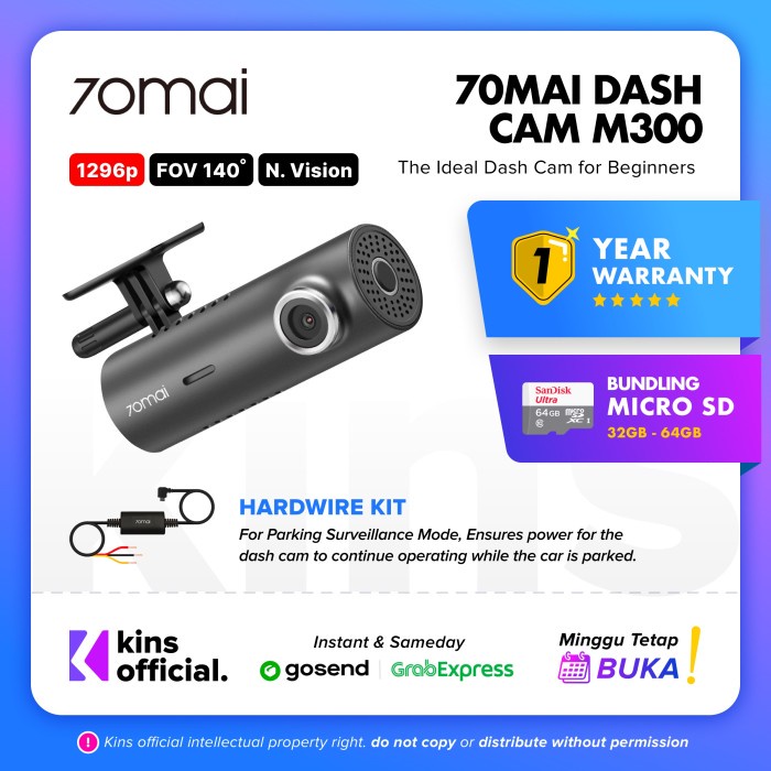 70Mai Dash Cam M300 1296P Fov 140 Night Vision 70Mai M300 Garansi