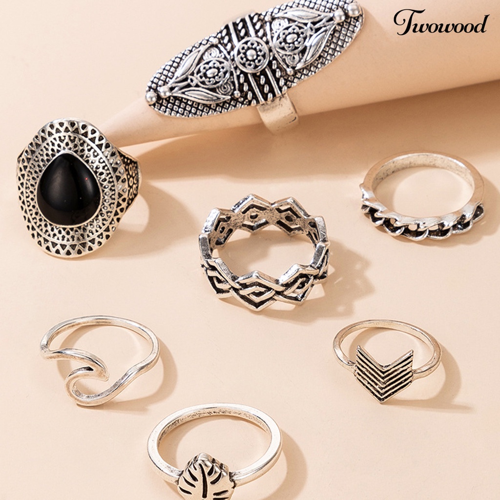 Set 7 Pcs Perhiasan Cincin Wanita Gaya Bohemian Anti Tarnish Geometric Aksen Permata Imitasi Untuk Pesta