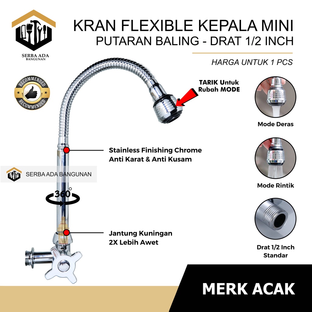 Kran Cuci piring angsa FLEXIBLE KEPALA MINI - ROTASI PUTAR KEMAN SAJA / 2 JENIS SEMBURAN AIR / kuat