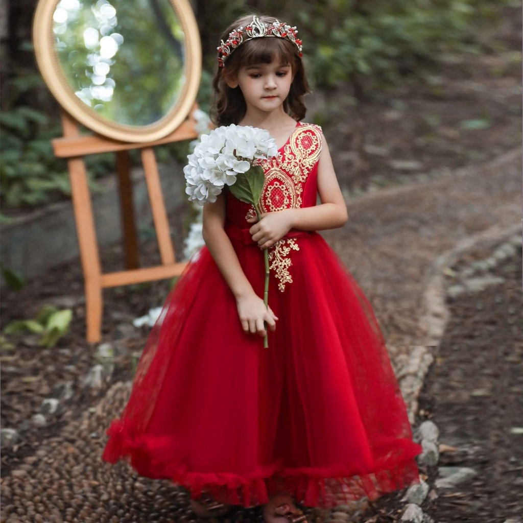 Dress Anak Perempuan Import PREMIUM Gold Ornament Ball gown RED