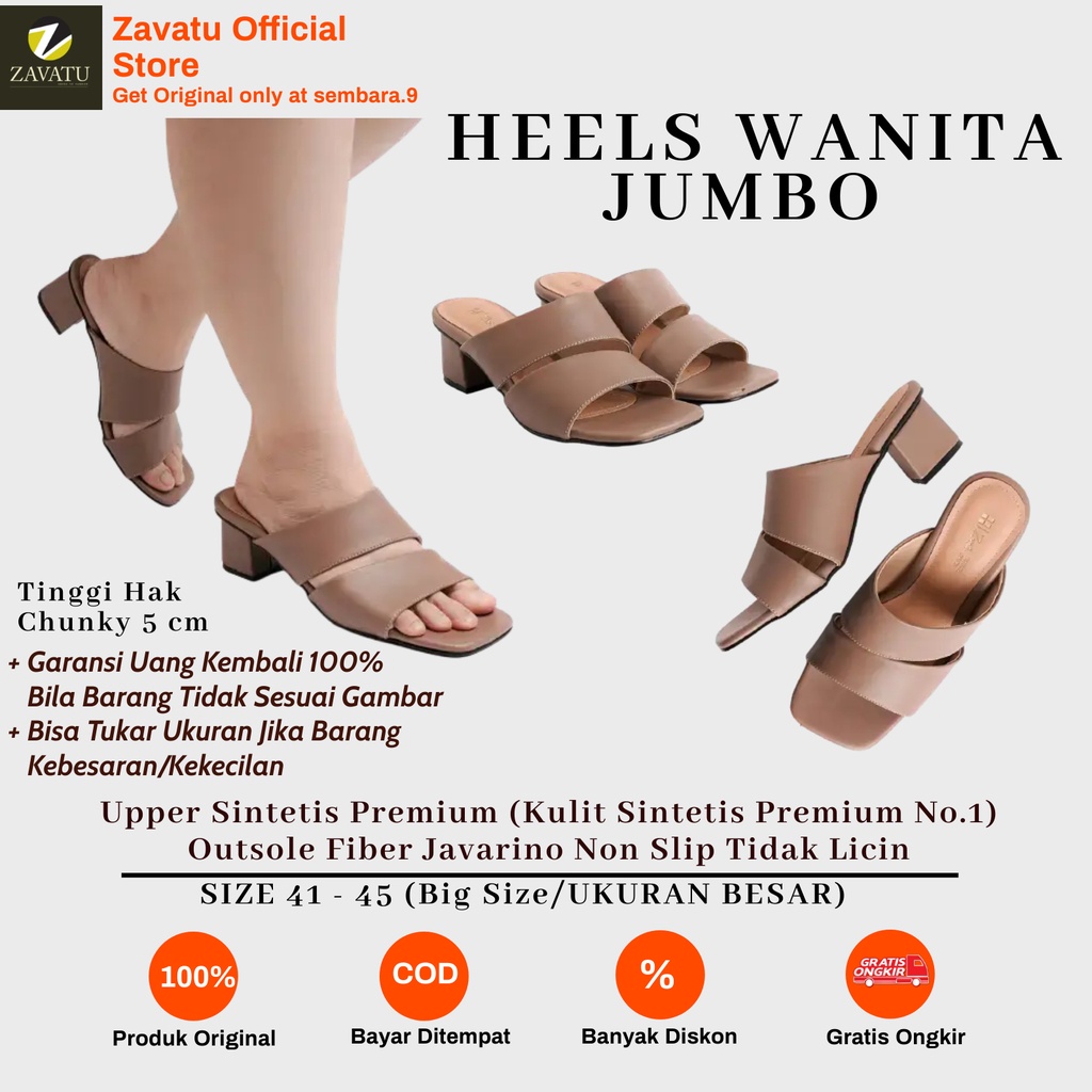 Zavatu Sandal Kulit Heels Big Size Jumbo Wanita Model Hak Tahu Chunky Tipe ZVT 336 Moka Ukuran Size 