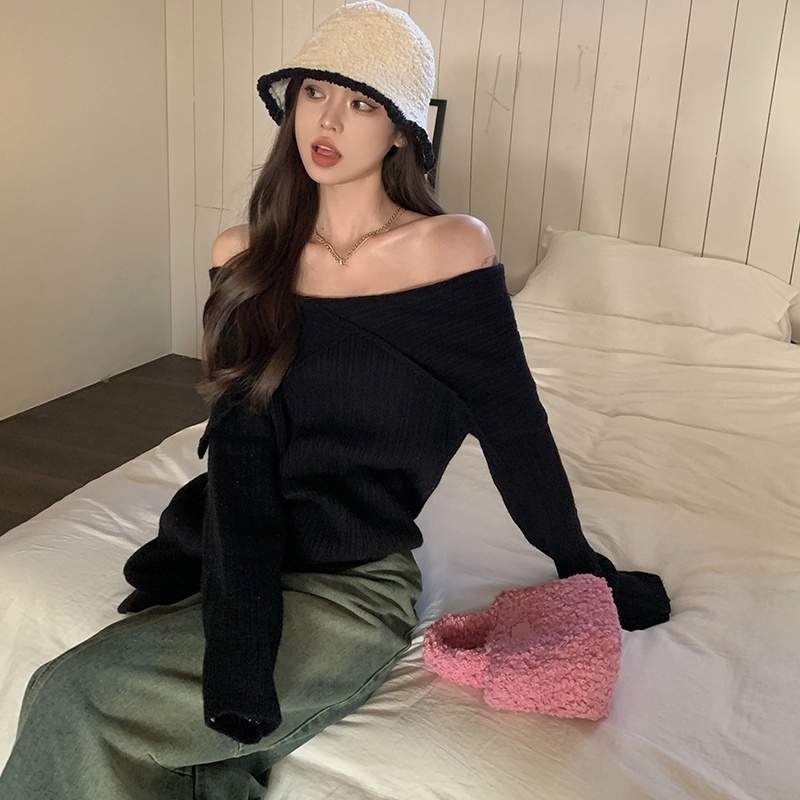 Suhao retro one-shoulder rajutan sweater wanita 2022 musim gugur dan musim dingin versi Korea baru longgar bagian dalam desain sweater lengan panjang top