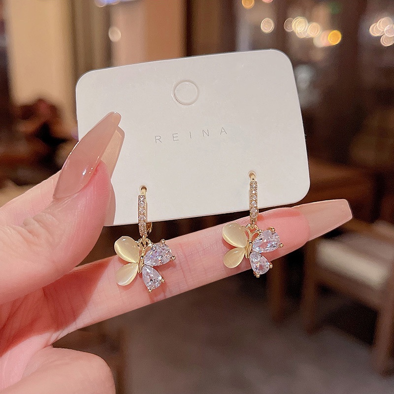 Anting Tusuk Sterling Silver 925 Desain Kupu-Kupu Hias Batu Opal / Zircon Mewah Untuk Wanita Butterfly