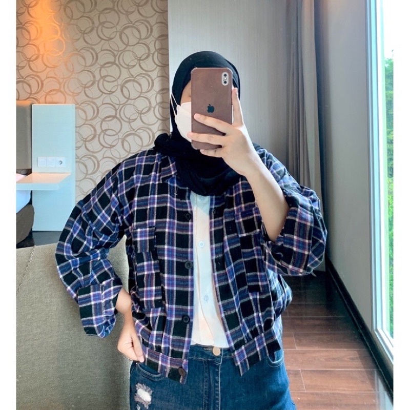 BILLBON FLANEL CROP /KEMEJA KOTAK KOTAK/ KEMEJA BALON