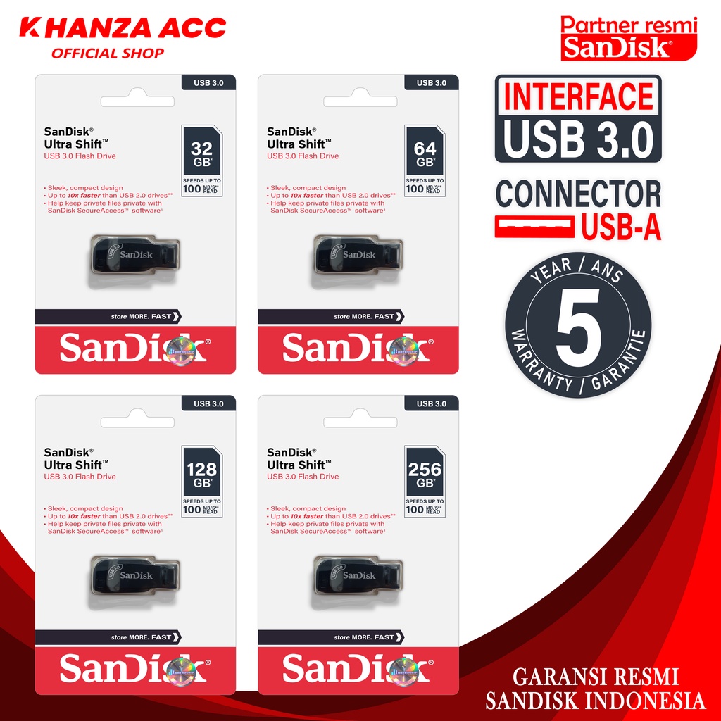 KHANZAACC Sandisk Ultra Shift Flashdisk 32GB / 64GB / 128GB / 256GB USB 3.0 Flashdrive