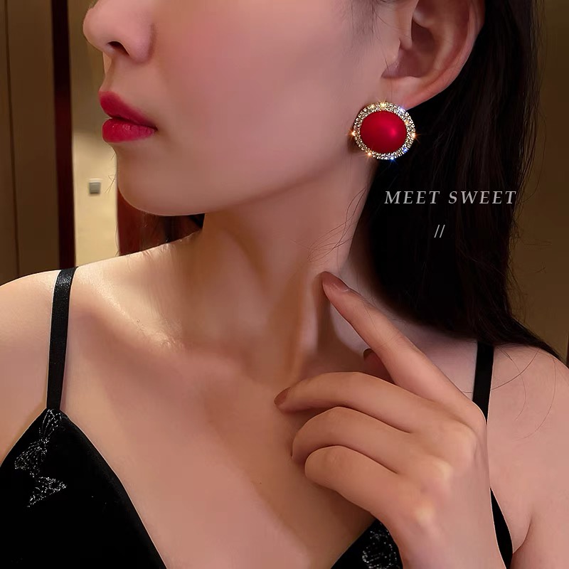 Anting 925 Silver Needle Hias Mutiara Warna Merah Gaya China Retro Untuk Wanita