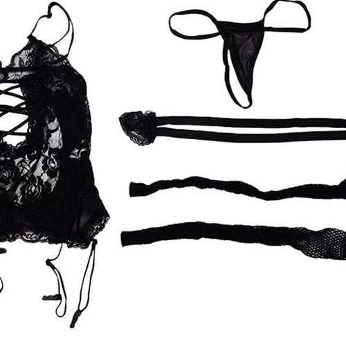 lingerie teddy Handcuff+Garter Belt kostum babydoll kado seserahan - Merah