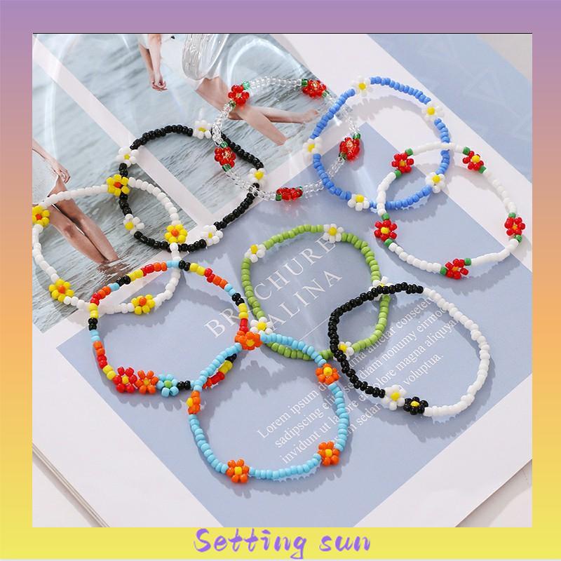 Anyaman gelang kaki manik-manik beras warna-warni Gaya pantai Bohemian daisy gelang kaki wanita TN