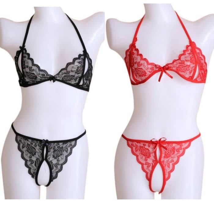 Lingerie Wanita Transparan bra Set G String Open Bra thong a129