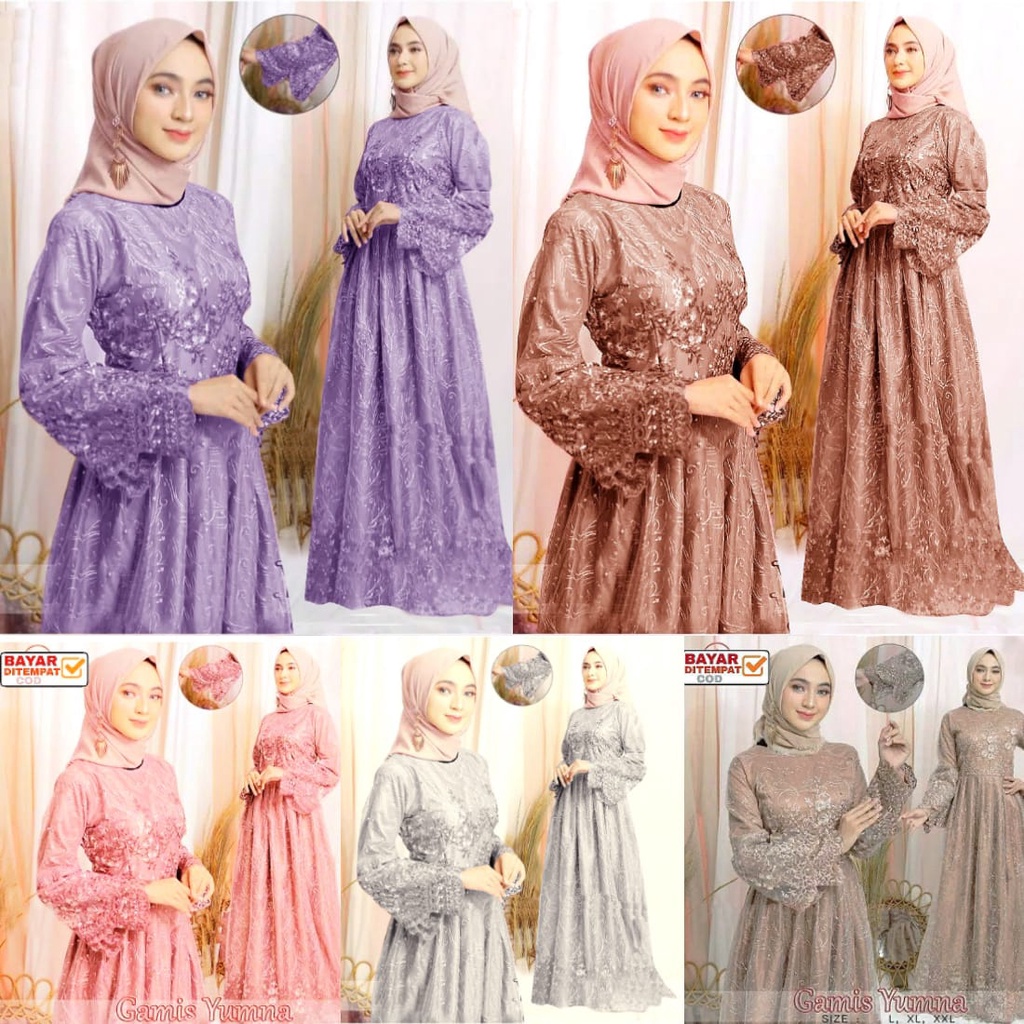 GAMIS BRUKAT FURING MUSLIMAH FASHION SIZE M L XL XXL/3L DRESS BROKAT TILE/ MAXI YUMNA