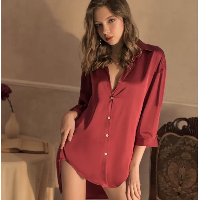 Sexy Lingerie Set New Baju Tidur Wanita Satin Cardigan Mid Length Loungewear 3A555