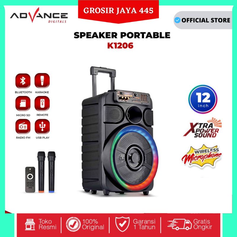 SPEAKER AMPLIMEETING BLUETOOTH ADVANCE K1206 12inch BONUS DOUBLE 2 MIC WIRELESS KARAOKE