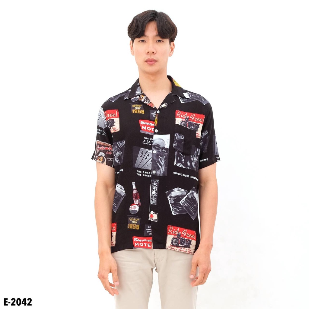 Kemeja Hawaiian E-2042 Vintage Black | Kemeja Printing | Kemeja Santai | Kemeja Pantai