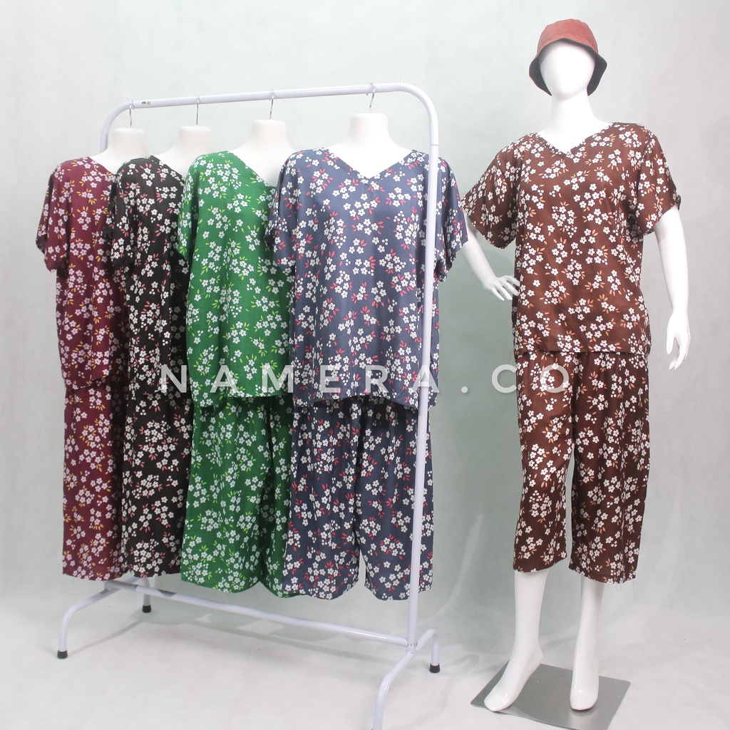 Setelan Baju Tidur Wanita Piyama Pendek Motif Daun Warna Bahan Rayon