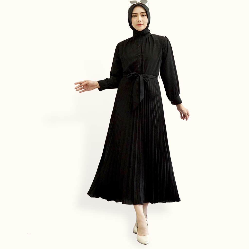 Long Dress gamis muslim maxi ploi plisket lengan panjang wanita - XSHOP Peacce
