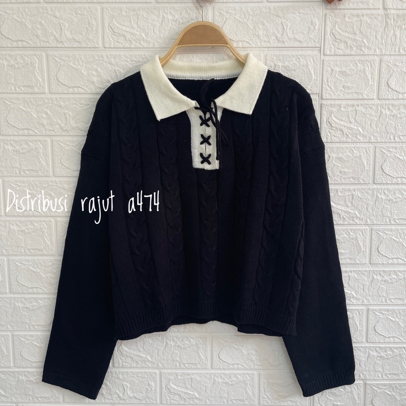 DEVINA SWEATER RAJUT POLO TALI MOTIF CABLE WANITA OVERSIZE