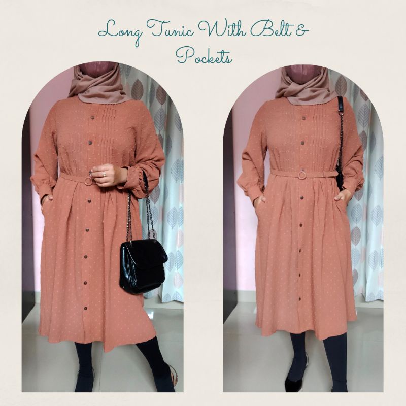 Long Tunik | Midi Dress  Rubi Lipit Premium Busui Full Kancing Terbaru Free Belt by Duchess