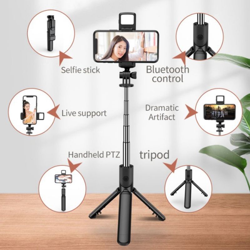 SAIIASTORE Tongsis-Tripod-remot-selfie 4in 1 stick dengan lampu LED paket paket lengkap, banyak fungsi
