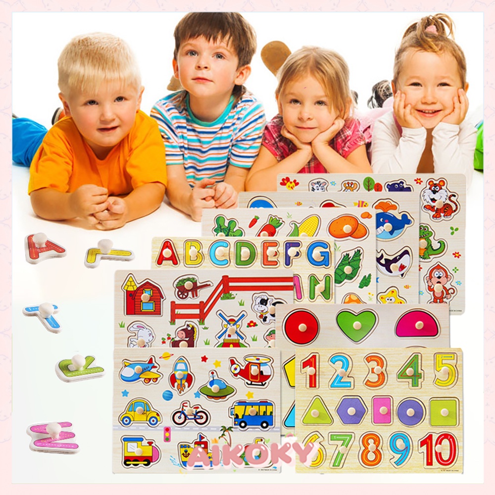 Aikoky Puzzle Kayu Knob/Puzzle ABC/Puzzle Number mainan edukasi