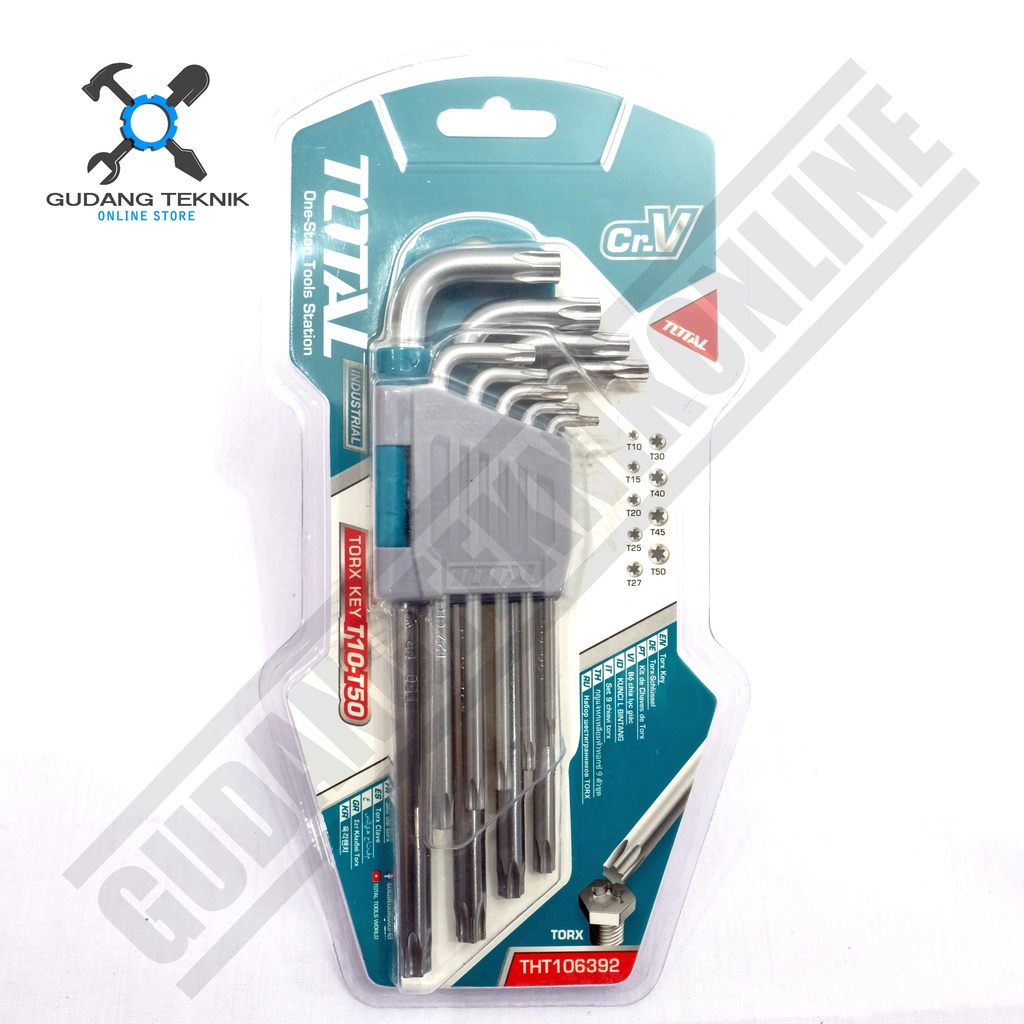 Kunci L Bintang 1 SET 9pcs T10 T15 T20 T25 T27 T30 T40 T45 T50 THT106392 TOTAL / L Torx Key 9 pcs T10-T50 THT 106392 SET TOTAL