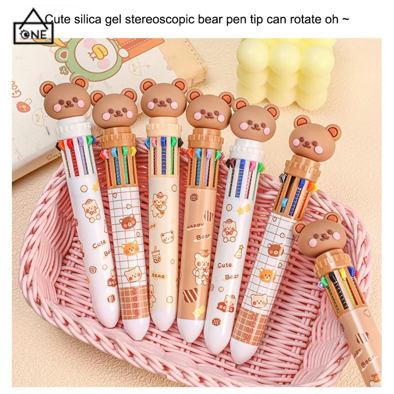 COD❤️1pc Pulpen Mekanik 10 Warna Warni Rectractable Pen Color Motif Kartun Lucu Bear Grid Kotak Aesthetic Bolpoin Alat Tulis Sekolah-A.one