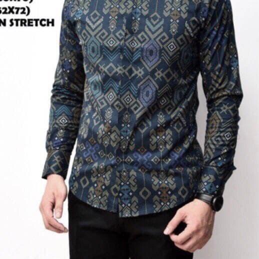 Kemeja Cowok Lengan Panjang Batik Songket Tosca hijau Casual