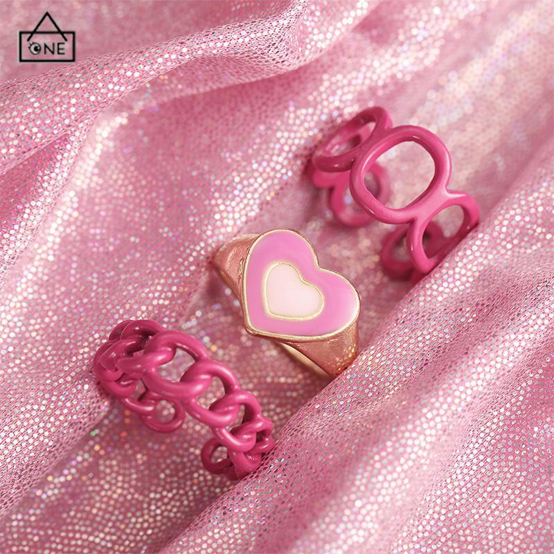 COD❤️3PCS Heart Geometry Rings Cincin Geometri Jantung Cincin Mode Menetes Minyak yang Dapat Disesuaikan untuk Aksesoris Perhiasan Wanita-A.one