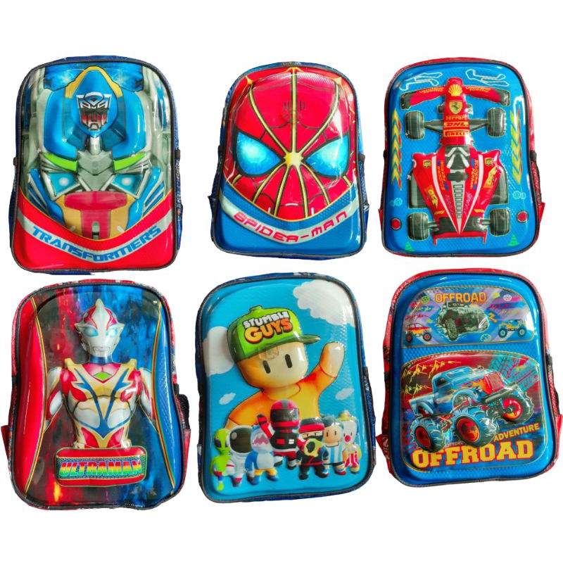 Tas Ransel Tk Paud Laki-Laki Boboboy Spiderman Captain Amerika Avengers Transformer Mobil / Tas Ransel Tk Paud LED Cowo Karakter